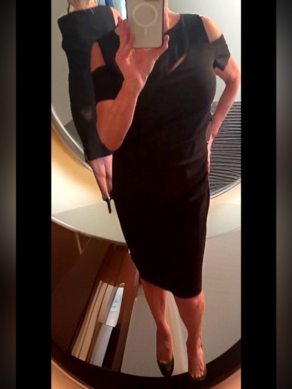 🖤TAHARI-LEVINE STUDIO🖤 COLD SHOULDER SHORT SLEEVE RUCHED WAIST SHEATH DRESS NWT🎬
